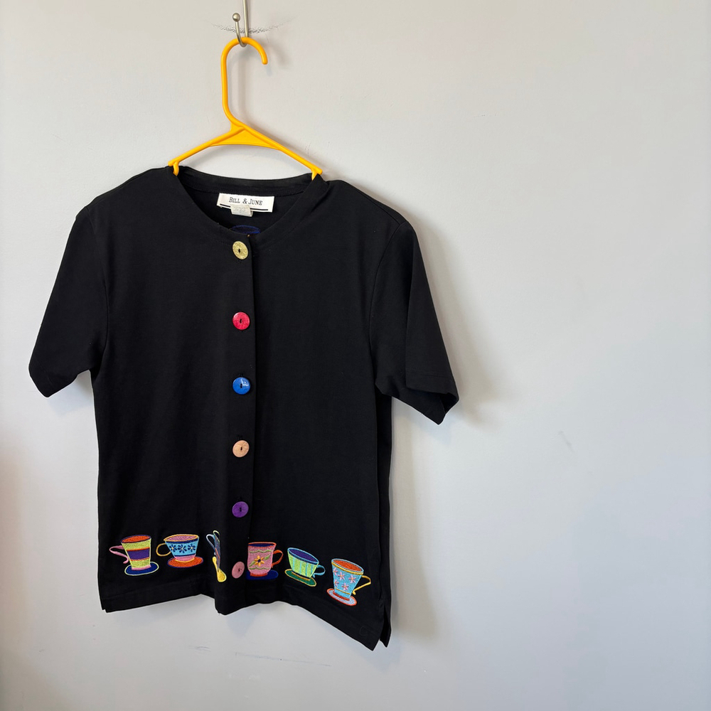 Bill & June Vintage Tea Cup Black Top, SZ M - Picture 7 of 9
